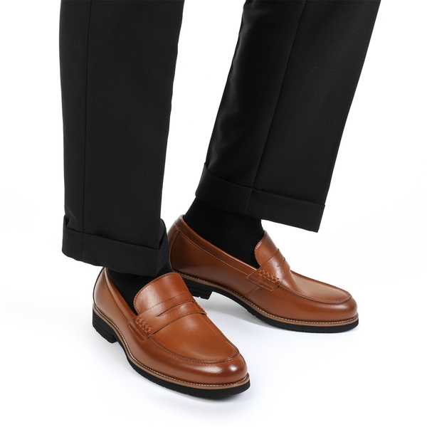 Men's Smooth PU Leather Penny Loafers - BROWN - 1